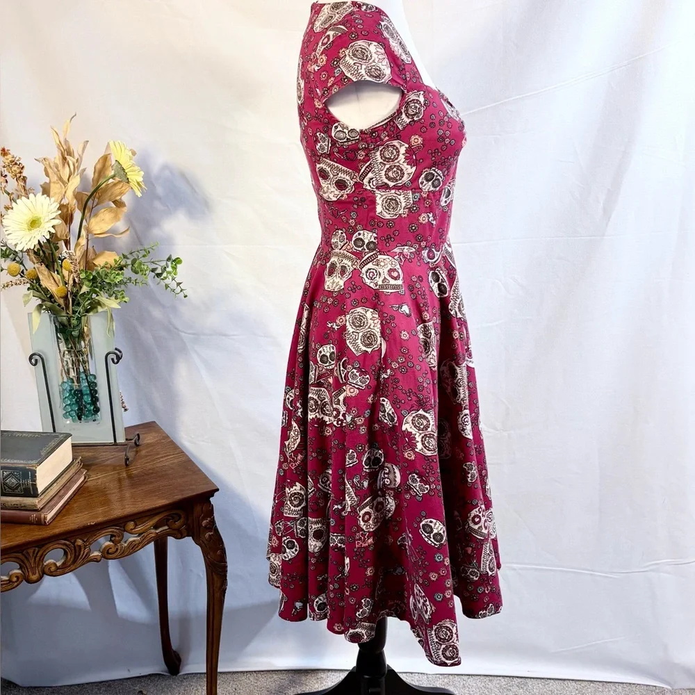Hell Bunny Sasha Red Sugar Skull Fit Flare Rockabilly Dress XS🧡 - Picture 5 of 12
